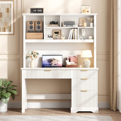 Fluted Computer Desk with Hutch and Ample File Drawer, White, view 2