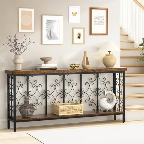 70.9" Extra Long Console Table, Industrial Narrow Sofa Table Behind Couch with 2 Tier Storage Shelf, Entryway Hallway Accent Table for Living Room, Foyer, Rustic Brown