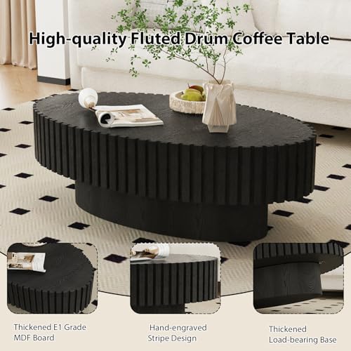 Oval Fluted Coffee Table Mid Century Modern Coffee Tables with Handcrafted Relief Ellipse Drum End Table Rustic Industrial Center Tables for Apartment Living Room (Black Oval)