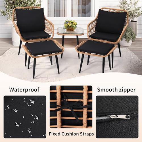 5 Piece Wicker Bistro Patio Conversation Furniture Set, Natural | Includes 2 Chairs, 2 Ottomans, and Side Table, Ideal for Porch, Balcony, Deck, Backyard