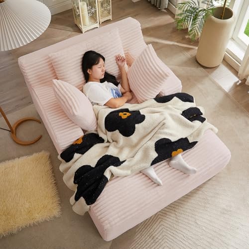 50" W Oversized Chaise Lounge Chair Indoor, Upholstered Corduroy Sofa Bed with Arm & 3 Pillows, Deep Seat Boneless Cloud Couch, Reading Chairs for Living Room,No Assembly Required, Pink