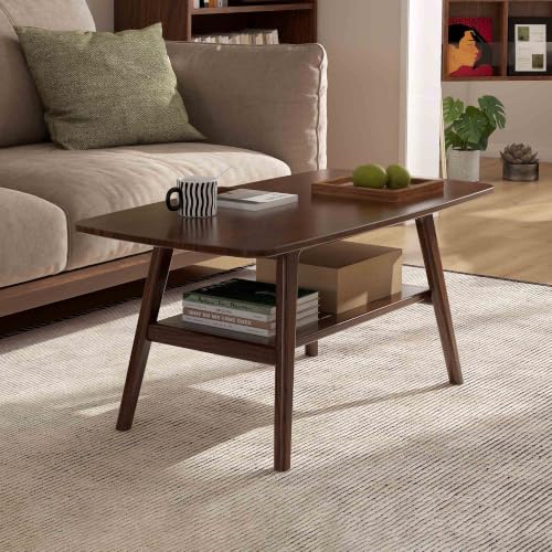 100% Solid Wood Coffee Table for Living Room, 39.37" Mid Century Modern Tables with Shelf Storage, 2-Tier Coffee Table with Rounded Corners (Oak Wood Walnut Color, 39.37" L)