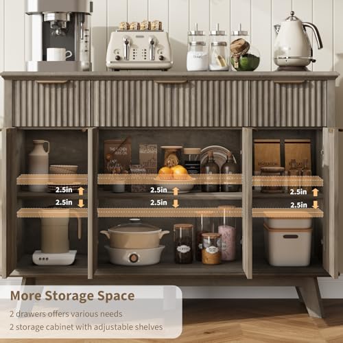 Fluted Sideboard Buffet Cabinet with Charging Station, 47.2" Kitchen Storage Cabinet with Drawers and Adjustable Shelves, Modern Coffee Bar Kitchen Table for Dining Room, Living Room, Grey