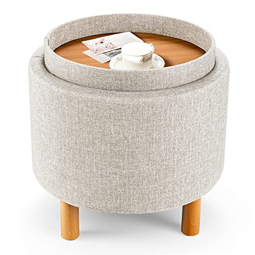 Round Storage Ottoman with Tray Lid, Accent Storage Footstool w/Soft Padding, Fabric Sitting Stool w/Solid Wood Legs & Non-Slip Pads, Tray Top Coffee Table for Living Room, Bedroom (Beige)