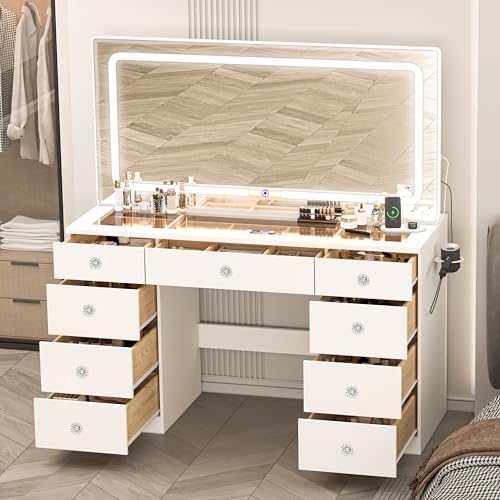 46 INCH Makeup Vanity Desk with Mirror, Glass Tabletop Vanity Table with Lights, view 2