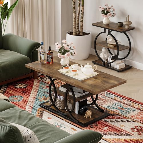 Rustic Coffee Table with Storage Industrial 3 Tier Center Living Room Table Farmhouse Wooden Rectangle Cocktail Tea Table for Office Bedroom Elegant Full Moon Round Metal Frame (Brown, L-47)