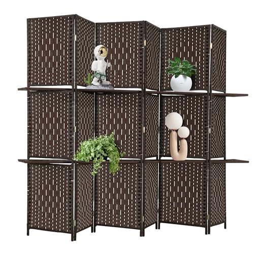 Room Divider 6 Panel Room Screen Divider Folding Portable partition Screen Wood with Removable Storage Shelves, Dark Brown