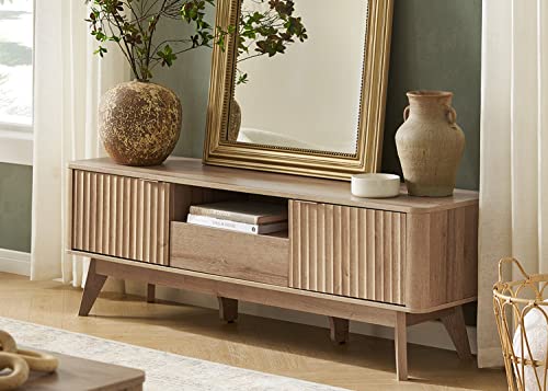 Brooklyn Mid-Century Modern TV Stand, for TVs up to 50” / 59" Waveform Panel, Sleek Curved Profile with Adjustable Shelf and Sturdy Box Frame Leg (Golden Oak, 57")
