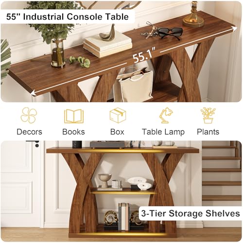 55 inch Farmhouse Entryway Table, Console Table with 3-Tier Storage, Rustic Striped Brown X-Shaped Narrow Entry Table for Behind Couch, Living Room, Hallway, Foyer