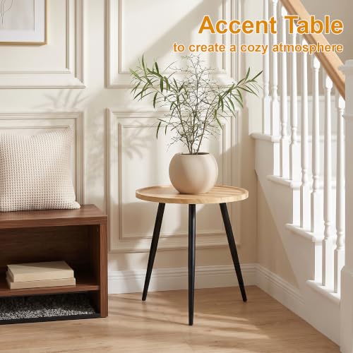 Modern Side Table, Round Small End Table, Exclusively Designed Hand-Crafted Small Nightstand, Solid Wood,Natural top with Black Metal Legsfor Bedrooms, Living Rooms and Home Office