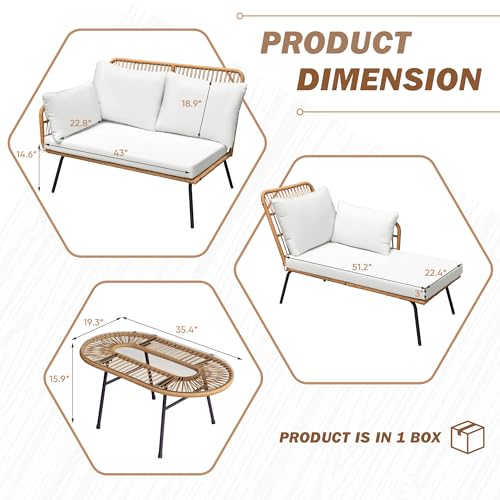 Outdoor Rope Woven Patio Furniture L-Shaped Conversation Sectional Sofa Set Detachable Lounger for Backyard Porch with Thick Cushions & Long Table, White