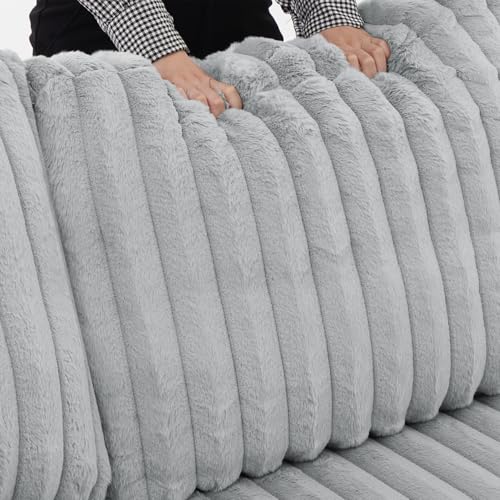 122-Inch Oversized U Shaped Plush Corduroy Fluffy Sectional Sleeper Sofa with Pull Out Bed, Storage Chaise Lounge and USB Charging Port - Gray
