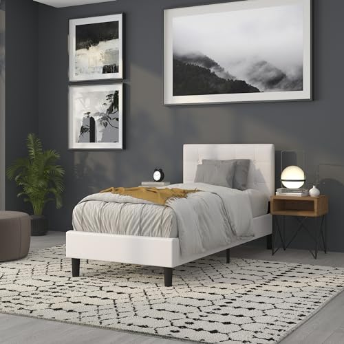 Lennox Adjustable Height Button Tufted and Box Stitch Upholstered Twin Size Headboard in White Vinyl