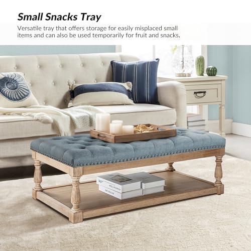 Storage Tufted Ottoman Coffee Table with Solid Wood Legs, Blue | with Tray & Shelf, Button Tufted Top Upholstered, Large Rectangle Cocktail Ottoman for Living Room Bedroom