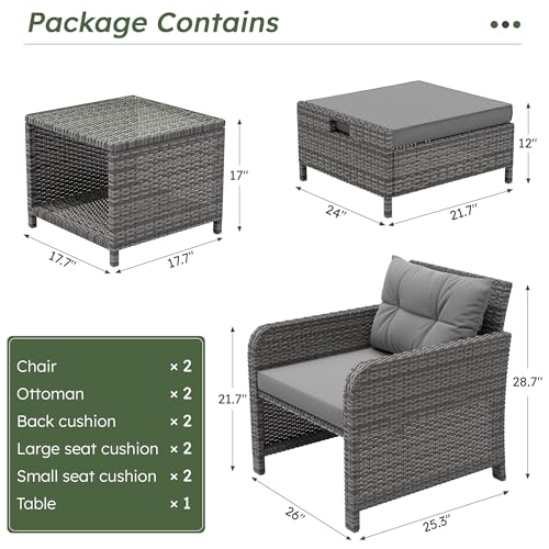 Balcony Furniture Set 5 Piece Patio Conversation Set, PE Wicker Outside Furniture with Soft Cushions & Coffee Table, Outdoor Lounge Chairs with Ottoman for Porch, Lawn, Balcony, Grey-Grey