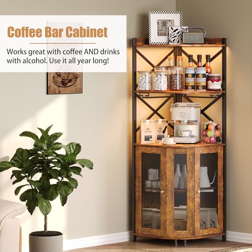 Corner Bar Cabinet with LED Lights, 5-Tier Industrial Wine Bar Cabinet with Glass Holder, Farmhouse Liquor Cabinets with Shelf and Door, Home Bar for Coffee Bars, Rustic Brown