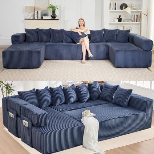 Oversized Cloud Boneless Couch with Chaise, 146" Modern U Shape Modular Deep Seat Sectional Sofa, Comfy Corduroy Upholstered Couches for Living Room, No Assembly Required-Blue