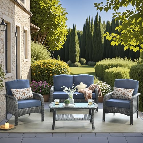 4 Pieces Wicker Patio Furniture - All-Weather PE Wicker Outdoor Conversation Bistro Set Loveseat Chairs with Table,Outdoor Rattan Sofa Chair High Back Deep Seating,Blue