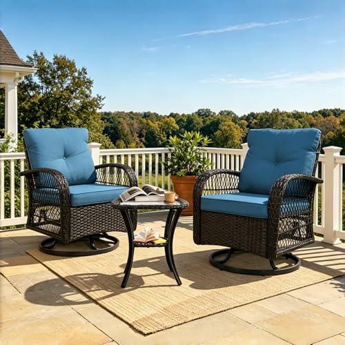 SHGJ&SOFT 3 Piece Patio Furniture Set, 2 Outdoor Swivel Rocking Chairs with Side Table, Wicker Glider Chairs, All-Weather Rattan Bistro Set for Porch, Deck, Pool (Blue, Brown Open-Weave Rattan)