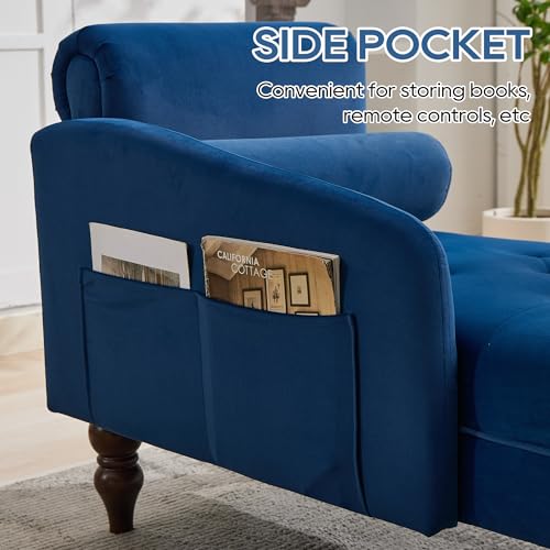 Chaise Lounge Chair Indoor with Right Armrest, Velvet, Blue, view 7