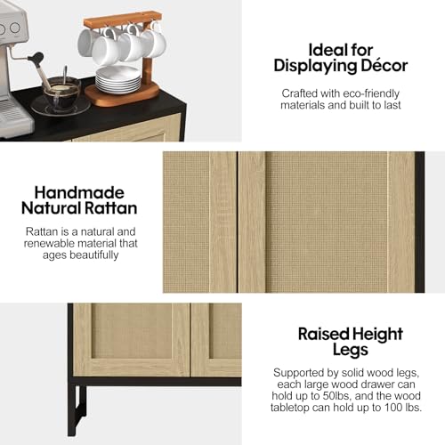 Rattan Decorated 2 Doors Storage Cabinet Accent Cabinet Living Room Cupboard Kitchen Sideboard Buffet Table (Black)