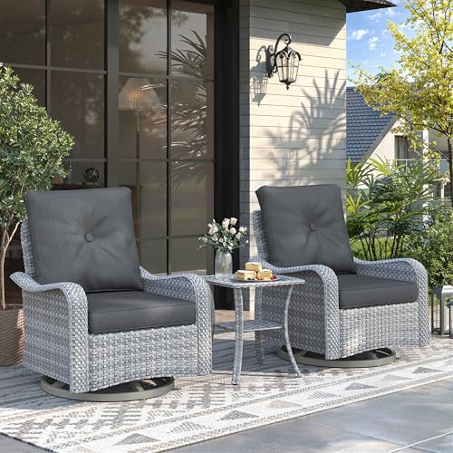 3 Piece Patio Furniture Set with Swivel Rocking Chairs, Outdoor Wicker Conversation Set with 4" Cushions, Glass Side Table, PE Rattan and Rust-Resistant Frame, Black