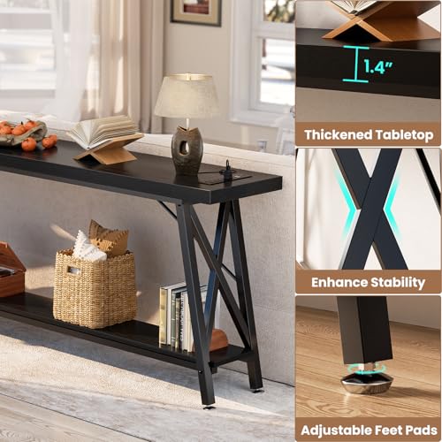 70.9 Inch Extra Long Console Table, Industrial Sofa Table Behind Couch with Charging Station & Storage Shelf, Entryway Table for Living Room & Entryway, Black