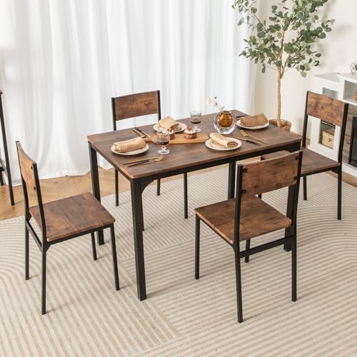 Dining Table Set for 4, Retro Kitchen Table and Chairs Set for 4, Metal Frame, Space-Saving Table and Chairs Set of 4 for Small Place, Living Room, Breakfast Nook