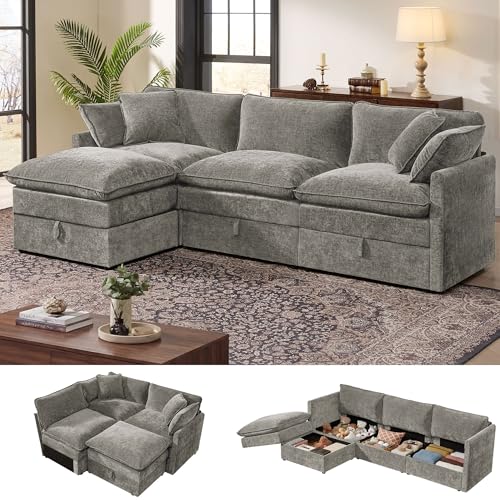 103" Modular Sectional Sofa with Storage, L Shaped Cloud Couch with Movable Ottomans & Throw Pillows, Chenille Deep Seat Sectional Couches for Living Room, Apartment (Grey)