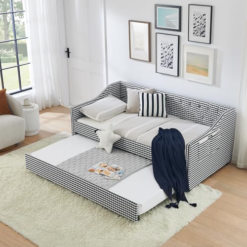 JIVOIT Twin‑Size Upholstered Daybed with Pull‑Out Trundle, Upholstered Convertible Daybed with Side Storage, Tufted Button Backrest & Padded Armrests, Perfect for Compact Living (Black-Twin,32)
