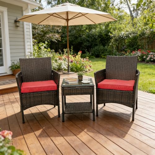 3 Piece Patio Furniture Set Outdoor PE Rattan Wicker Chair with Soft Cushion and Glass Coffee Table for Garden Backyard Porch Poolside (Brown/Red)