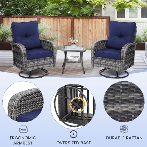 Luxury Outdoor Swivel Wicker Glider Patio Chairs with Table Set | Overstuffed Washable Cushions, Ideal for Porch, Balcony, Deck