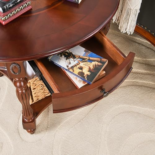 Solid Wood End Table with Drawer, Oval Sofa Side Table, Storage Shelf, Living Room Corner Table, Nightstand, 24”H Cherry Walnut CJZ1533WD-DR
