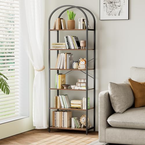 6-Tier Bookshelf Arched Display Racks, Wood and Metal Bookcase, Tall Bookshelf, Industrial Display Standing Shelf Unit, for Home Office, Living Room, Bedroom, Bathroom, Rustic Brown