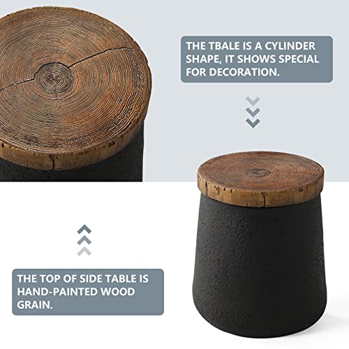 Drum End Table Cylinder Shaped Concrete Side Table Faux-Wood Top, Black Outdoor Accent Table with Tree Trunk Slice Hand Painted, Accent Stool