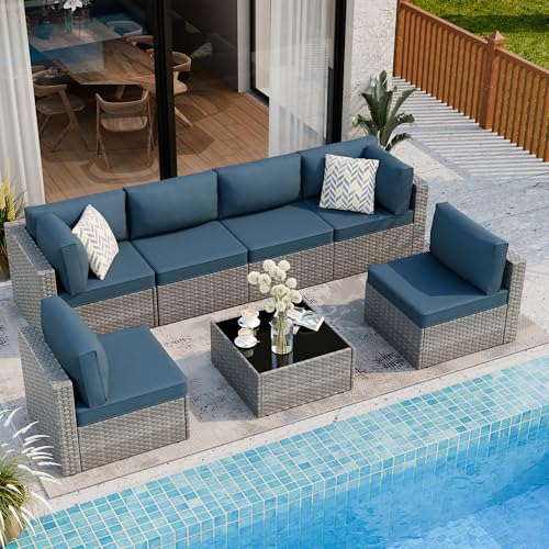 7 Piece Outdoor Patio Furniture Set,Silver PE Rattan Wicker Sectional Sofa, All Weather Conversation Set with Washable Cushions & Glass Coffee Table for Backyard Poolside Garden Porch,Navy Blue