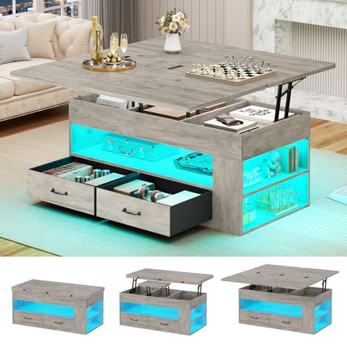 Lift Top Coffee Table, 4 in 1 Coffee Tables with Storage and Hidden Compartment, Farmhouse Coffee Table with 2 Fabric Drawers & LED Light for Living Room, Grey Oak
