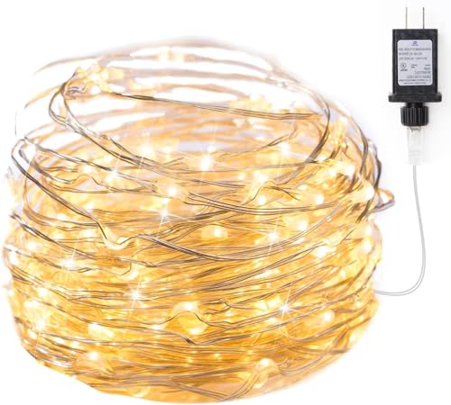 Fairy Lights Plug in, 33Ft 100 LEDs Waterproof Silver Wire Firefly Light, Adaptor Included, Starry String Lights for Wedding Patio Indoor Outdoor Christmas Decorations, Warm White
