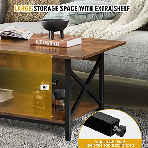 Industrial Coffee Table, 2-Tier Wood Cocktail Tea Table with Storage Shelf and X-Shape Steel Frame, Rectangle Sofa Side Accent Table for Living Room Home Office, Rustic Brown