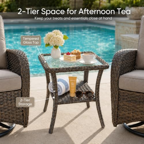 3-Piece Wicker Patio Furniture Set, Swivel Rocking Chairs, Brown/Grey | PE wicker, steel frame, 5mm tempered glass table, 4-inch cushions, 360-degree swivel, 250lbs capacity, garden use