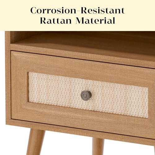 Modern Wicker Rattan Stand Set of 2, Rattan Stand with Drawer and Small Space, Wooden Side Table for Small Spaces, Natural Wood Bedside Table for Bedroom (no Charing Station, 2)