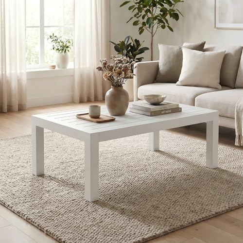 Aluminum Outdoor Coffee Table, All-Weather Rectangle Metal Patio Coffee Table Furniture for Balcony, Garden, Indoor or Outdoor Use, White