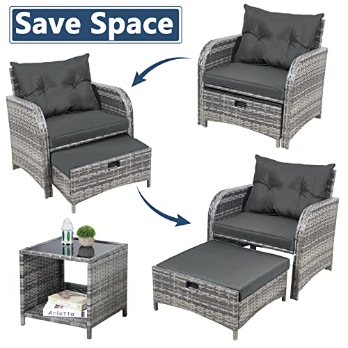 5 Pieces Wicker Outdoor Patio Chairs with Ottomans, All Weather PE Rattan Outdoor Conversation Set Bistro Patio Furniture Set with Hidden Ottoman for Porch Backyard Balcony, Grey