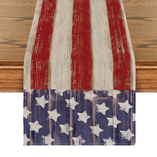 American Flag Stars and Stripes 4th of July Table Runner,Memorial Day Kitchen Dining Table Decoration for Home Party Decor 13x72 Inch