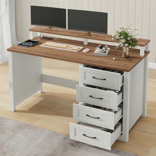 47" Farmhouse Executive Desk with Monitor Stand and LED Lights,4 Drawers Computer Desk with Power Outlets,Large Workspace for Work Study Writing.Unique White