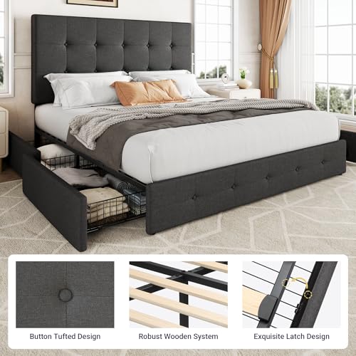 Upholstered Queen Size Platform Bed Frame with 4 Storage Drawers and Headboard, view 7