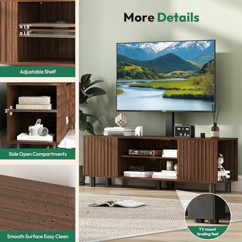 TV-Stand with Mount and Power Outlet, Fluted TV Stand for 65 70 75 Inch TV, Entertainment Center with Storage, Media Console Table for Living Room, Walnut