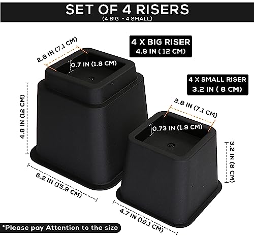 Bed Riser, 3 & 5 Inches Adjustable Furniture Risers for 8 Inch Combined Furniture Lift, Under Bed Storage & Dorm Room Essential, Supports Up to 1,300 lbs (36 Set, Black)