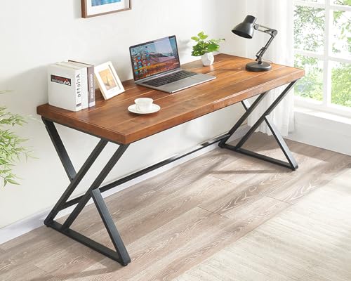 Solid Wood Computer Desk, Modern Real Wood Home Office Desk, Long Rustic Farmhouse Natural Wood Writing Desk, Executive Workstation PC Desk Table for Living Room Bedroom, Brown, 55 inch