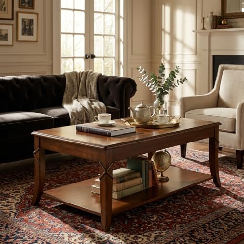 Solid Wood Coffee Table with Storage Shelf, Mid-Century Living Room Table with Wood Carved Tabletop and Leg, 43.3” Splicing Cocktail Center Table,Easy Assembly, Cherry Brown KFZ-DR200